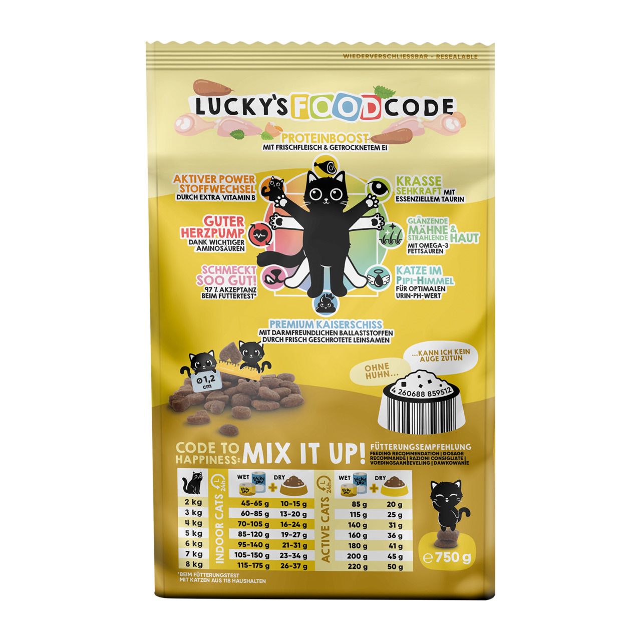 Lucky Lou Lucky’s Foodcode Proteinboost, Katzen, Frischfleisch & Ei, „Aktiver Powerstoffwechsel“, „Glänzende Mähne & Haut“, 750 g