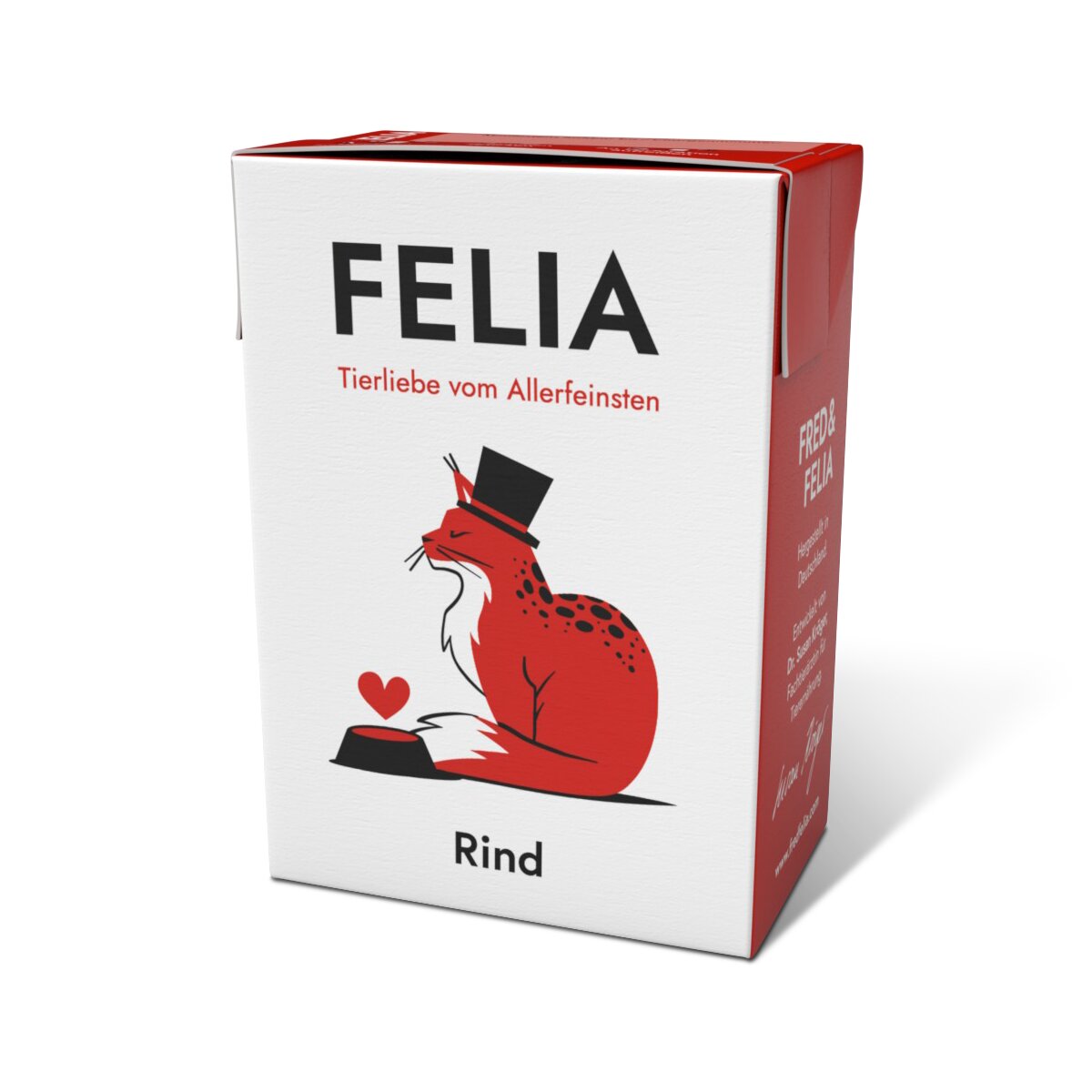 FELIA Katzenfutter Rind für Katzen, Tierliebe vom Allerfeinsten, rote und weiße Packung mit Fuchs-Motiv und Napf.