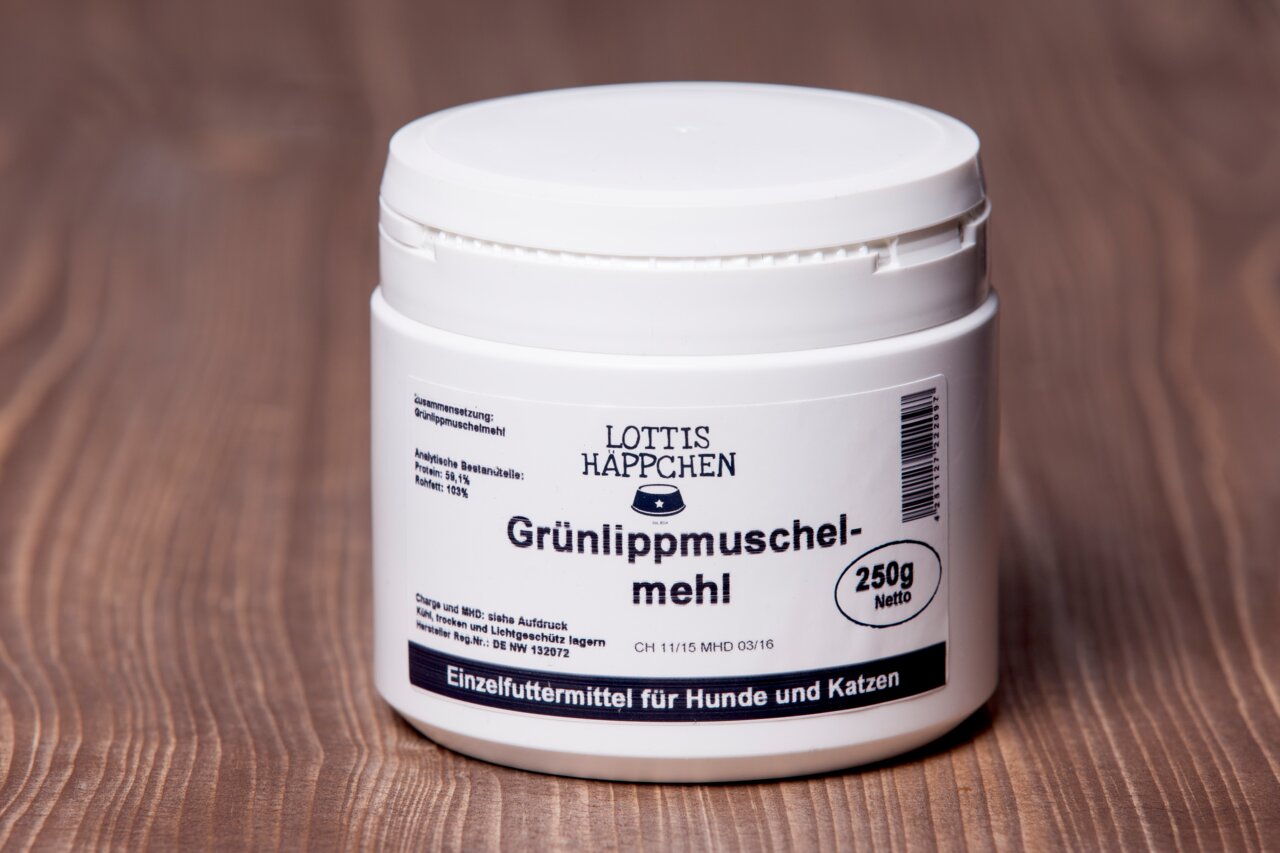 Lottis Häppchen Grünlippmuschelmehl, 250 g, Einzelfuttermittel für Hunde & Katzen, 100 % Grünlippmuschelmehl, analytische Bestandteile.