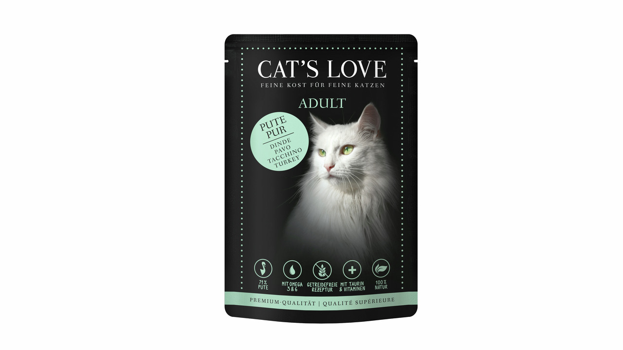 Das Bild zeigt eine schwarze Verpackung des Katzenfutters „Cat's Love – Feine Kost für feine Katzen“