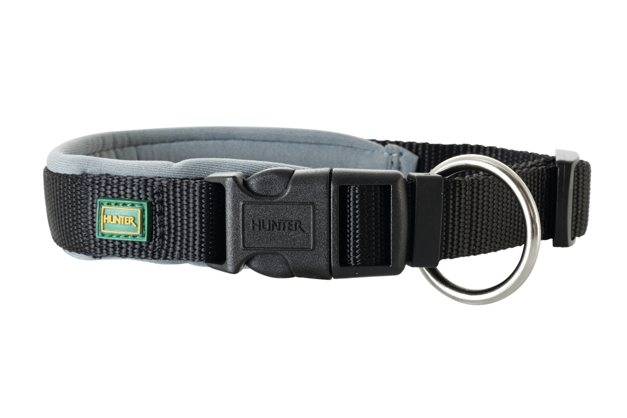 HUNTER Hundehalsband Neopren, für alle Hundegrößen, schwarz, Nylon+Neopren, hoher Komfort, stabiler Klickverschluss, Metallring.