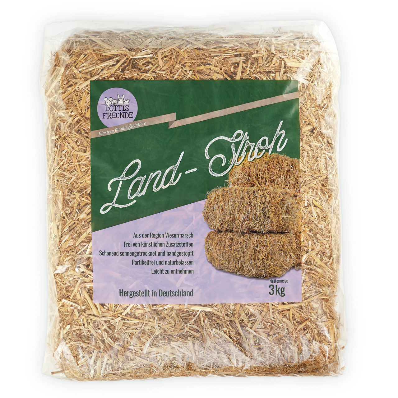 Lottis Freunde Land-Stroh, 3 kg, Einstreu für Kleintiere, aus Wesermarsch, naturbelassen, sonnengetrocknet, handgestopft, partikelfrei.