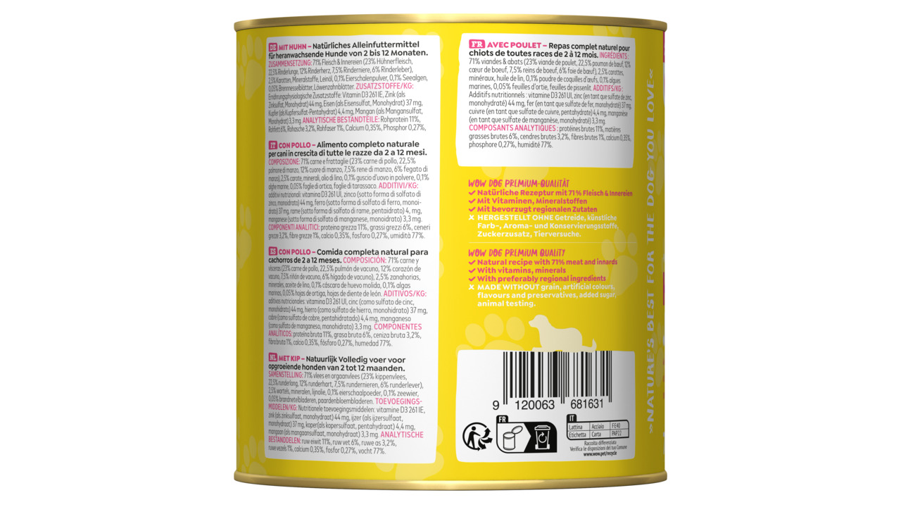 WOW DOG Premium Hundefutter, Huhn, für Junghunde (2-12 Mon.), 71 % Fleisch, getreidefrei, ohne künstl. Zusätze, 400 g.