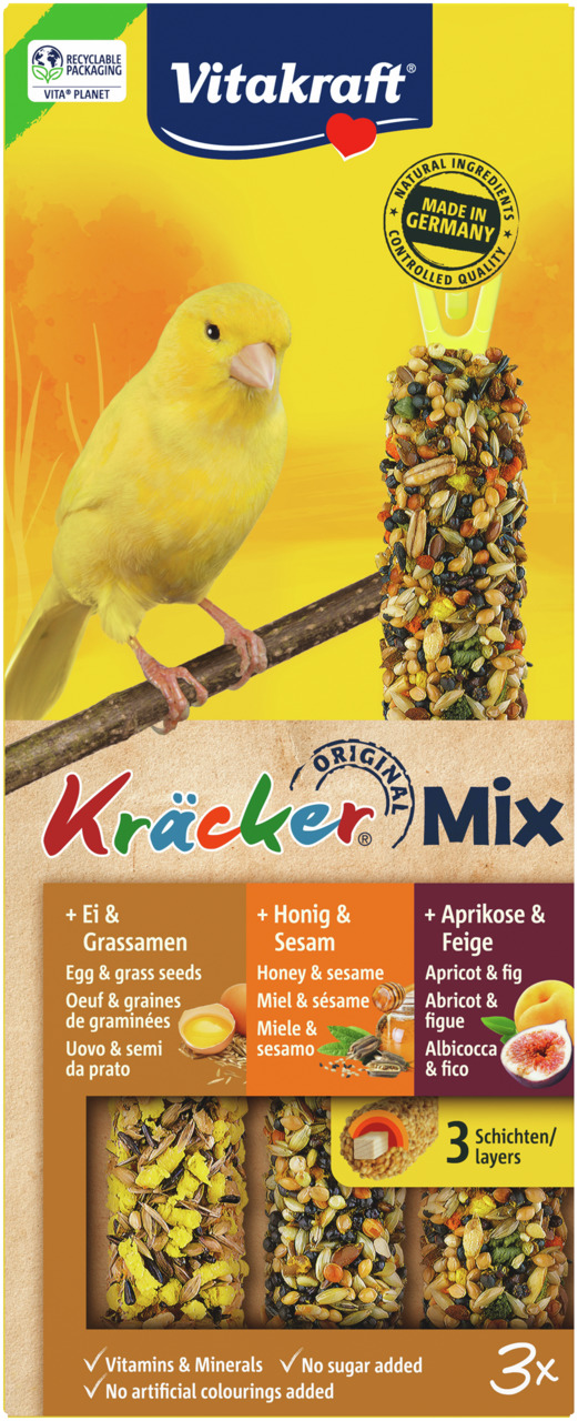 Vitakraft Kräcker Mix für Kanarienvögel: Ei & Grassamen, Honig & Sesam, Aprikose & Feige. 3 Stk., nat. Zutaten, ohne Zuckerzusatz.
