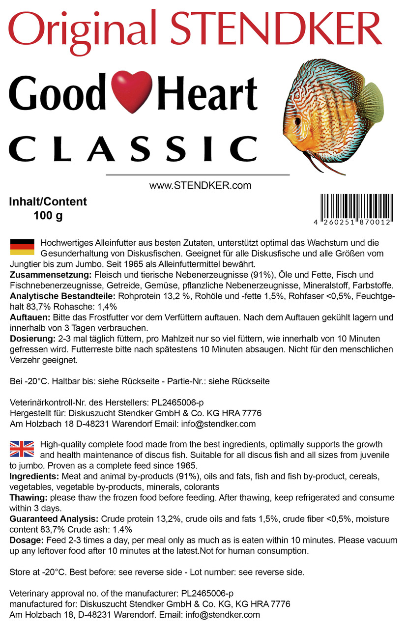 Stendker Good Heart Classic, Alleinfutter f. Diskusfische, Jungtier-Jumbo, 100 g, unterstützt Wachstum & Gesundheit, Qualität seit 1965.