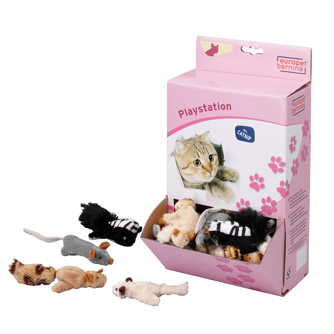 Europet Bernina Playstation: Spielzeugbox für Katzen, inkl. Plüschmäuse mit Catnip, fördert Spieltrieb. Verpackung rosa, Katze abgebildet.