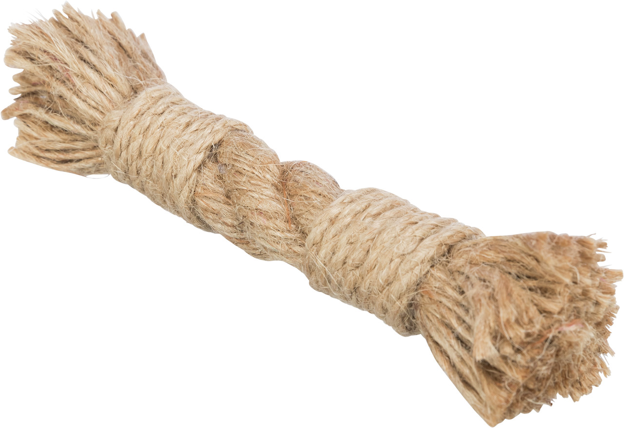 Das Bild zeigt das TRIXIE Spieltau für Hunde, ein robustes Hundespielzeug aus natürlichem Jutematerial. Es ist speziell für Hunde aller Größen geeignet und dient der Zahnpflege sowie dem Spielspaß. Das Tau hat eine natürliche beige Farbe und eine handlich