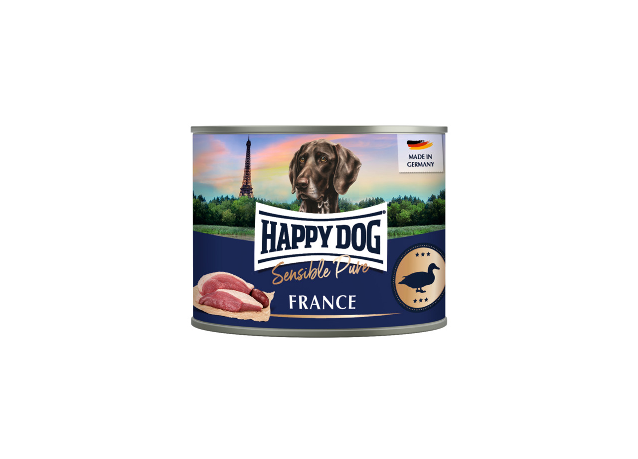 Das Bild zeigt eine Dose Hundefutter der Marke "HAPPY DOG" mit der Produktbezeichnung "Sensible Pure France". Die Zielgruppe sind Hunde, und die Geschmacksrichtung ist Ente. Auf der Dose ist ein Hund vor einer Landschaft mit dem Eiffelturm abgebildet. Die