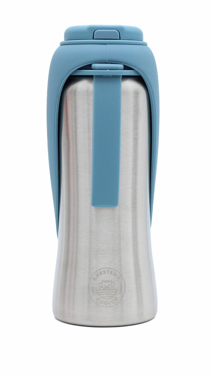 Chester's Choice Edelstahl-Trinkflasche, für Hunde-Katzen, modernes Design, blauer Silikongriff, prakt. Verschluss, ideal unterwegs.