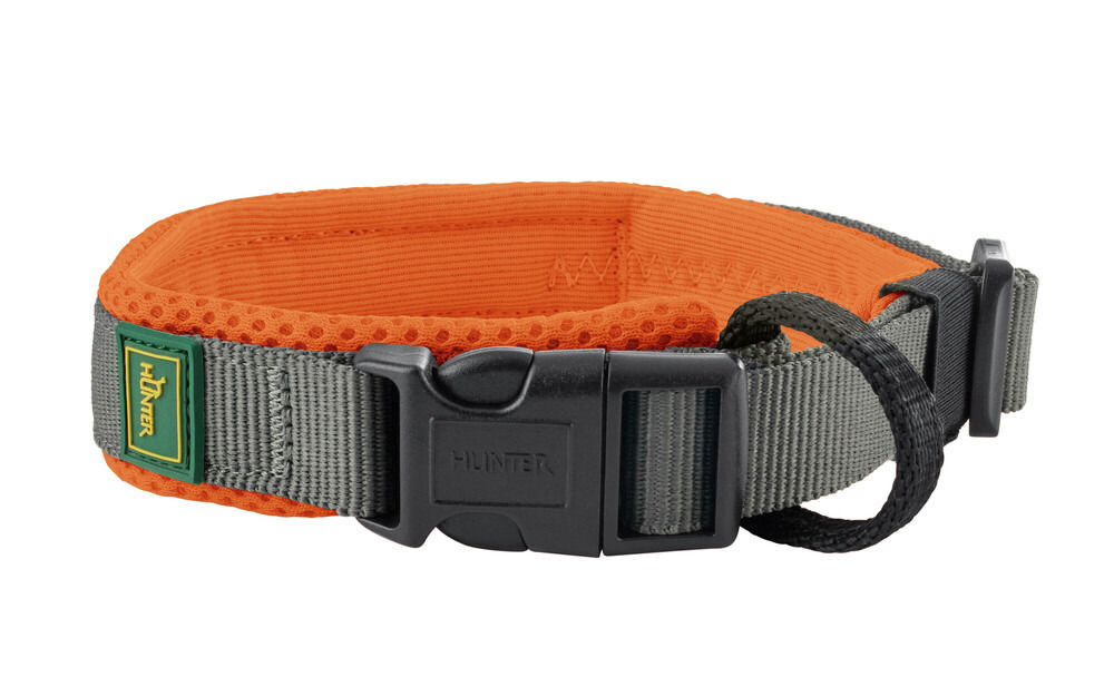 HUNTER Hundehalsband Hilo Comfort Reflect, Grau-Orange, atmungsaktives Mesh, reflektierend, Klickverschluss, hoher Tragekomfort.