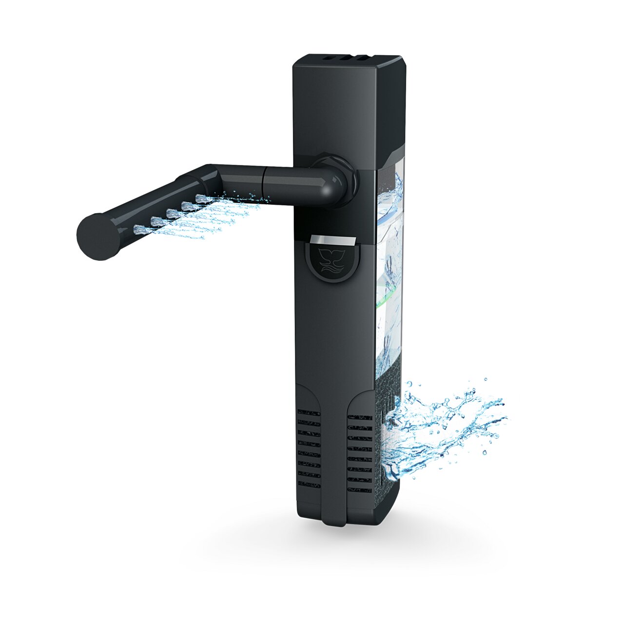 Das Bild zeigt den Ciano CF40 Innenfilter, ein kompaktes und effizientes Filtersystem für Aquarien. Der schwarze Filter ist mit einem Auslassrohr ausgestattet, aus dem Wasser sprudelt, und enthält ein integriertes Filtersystem zur Reinigung und Sauerstoff