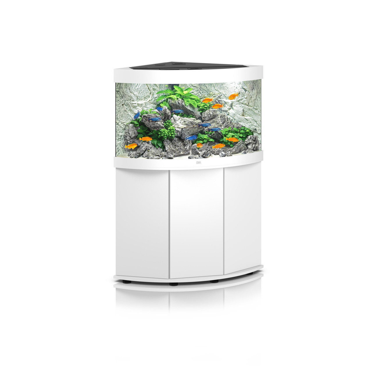 Das Bild zeigt das JUWEL Aquarium Trigon 190 in Weiß, ein hochwertiges Eck-Aquarium für Aquaristik-Enthusiasten. Es ist mit einer gebogenen Frontscheibe ausgestattet, die eine beeindruckende Panoramaansicht bietet. Das Aquarium ist mit Pflanzen, Steinen u