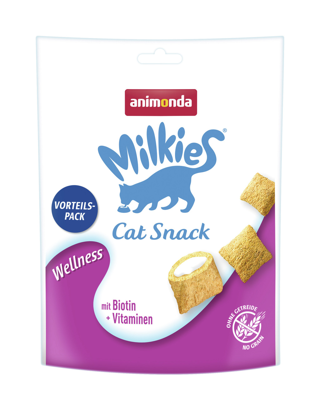 Das Bild zeigt eine Verpackung des Produkts "animonda Milkies Cat Snack Wellness". Es handelt sich um einen Katzensnack für erwachsene Katzen. Die Geschmacksrichtung ist nicht angegeben, jedoch wird mit Biotin und Vitaminen geworben. Die Verpackung ist li