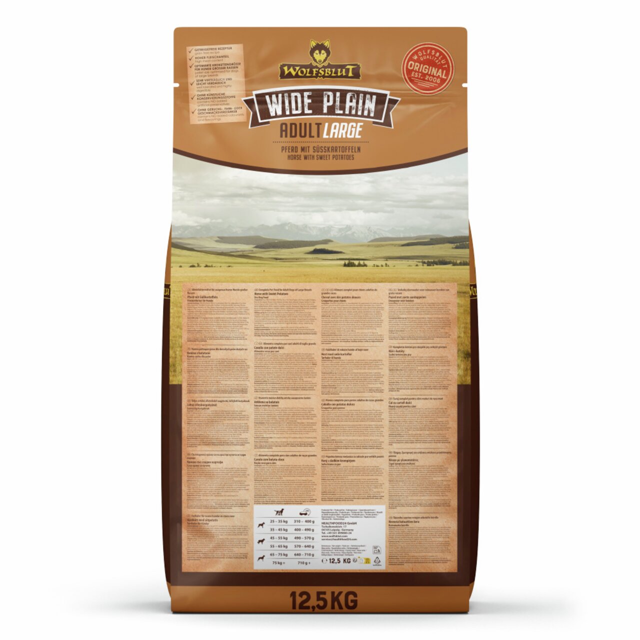 Wolfsblut Wide Plain Adult Large, 12,5 kg, Pferd & Süßkartoffeln, für ausgewachsene Hunde großer Rassen.