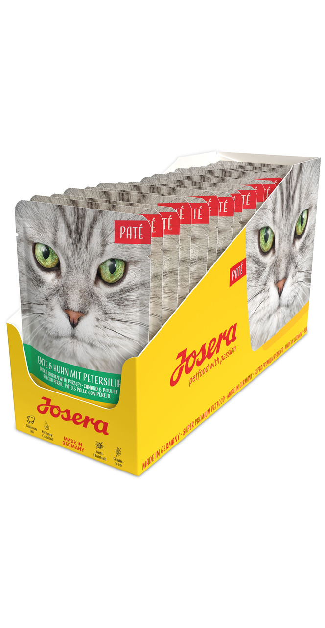 Josera Katzenfutter Paté „Ente & Huhn mit Petersilie“ für Katzen, „Made in Germany“, „Super Premium Futter“.