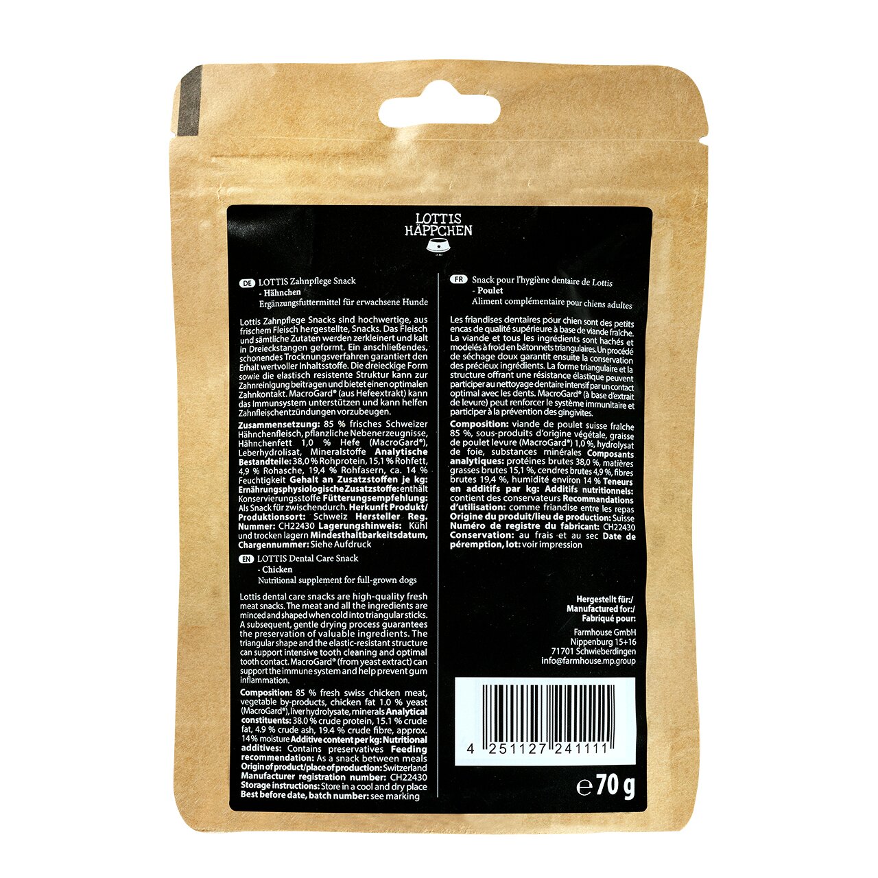 Verpackung von LOTTIS HÄPPCHEN Zahnpflege Snack für Hunde, Hähnchen-Geschmack, 70 g, fördert Zahnpflege und gesundes Kauen.