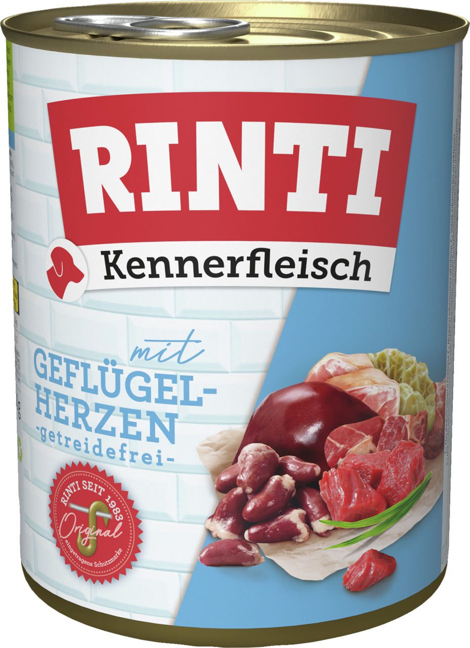 RINTI Kennerfleisch Geflügelherzen, getreidefrei, für Hunde, saftige Herzen & Fleischstücke, 400 g.