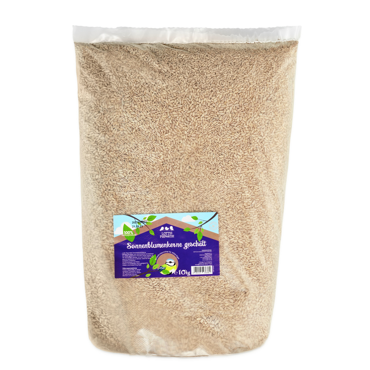 Lottis Piepmätze, 10 kg geschälte Sonnenblumenkerne, für Wildvögel, hochwertige natürliche Futterquelle, Vogelmotiv u. grüne Blätter.