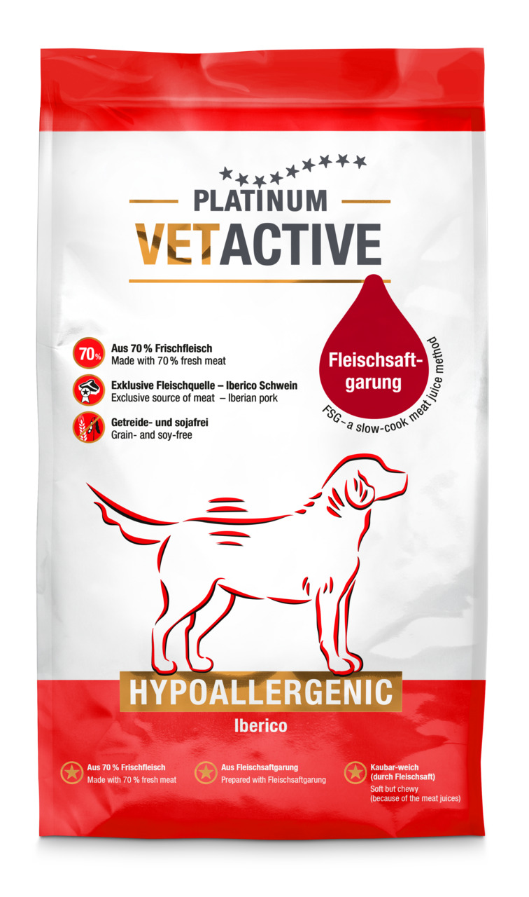 PLATINUM VETACTIVE Hypoallergenic Iberico, für Hunde mit empfindl. Verdauung, 70 % Iberico-Frischfleisch, getreide- & sojafrei, 125 g.