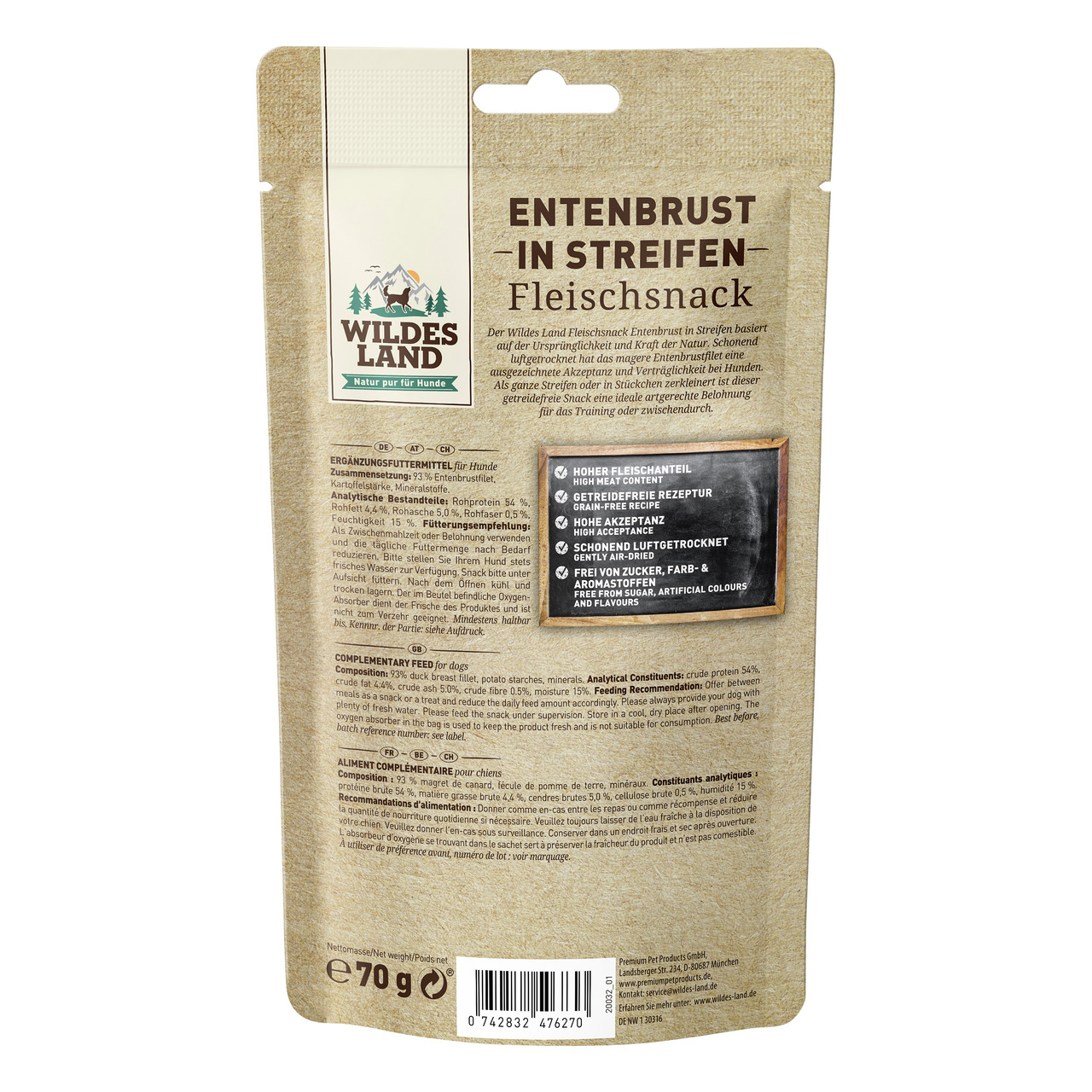 WILDES LAND Snack Entenbrust Streifen 70 g