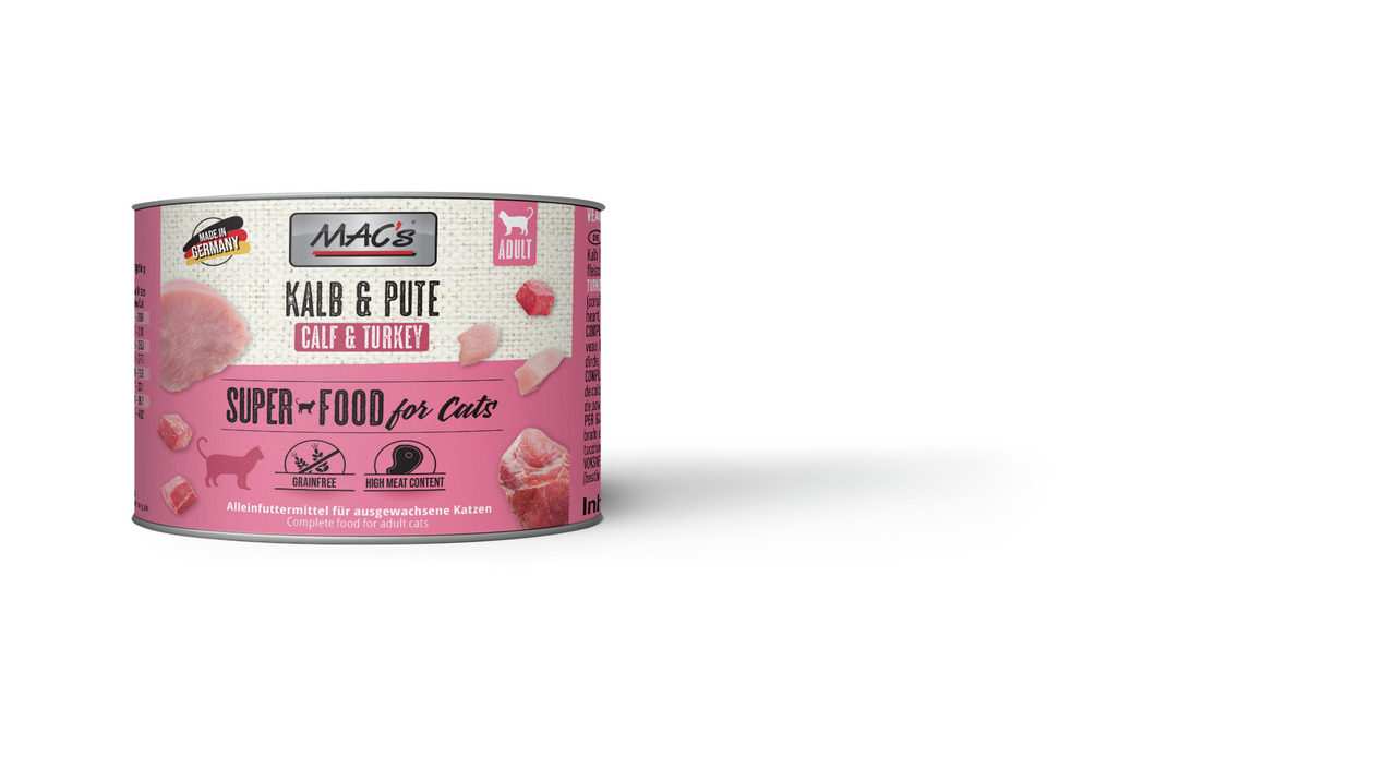 MAC's Kalb & Pute, Katzenfutter für ausgew. Katzen, getreidefrei, hoher Fleischanteil, 200 g.