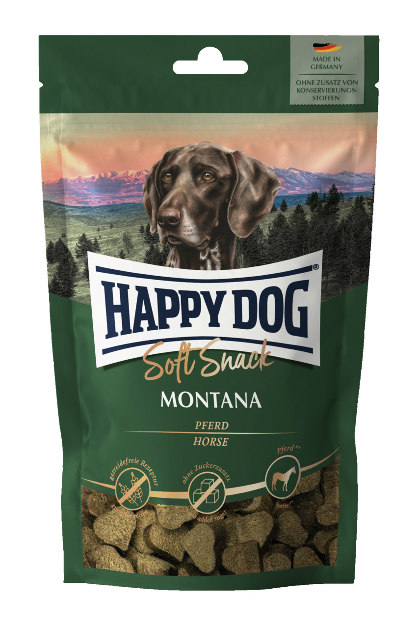 HAPPY DOG Soft Snack Montana, Pferd, getreidefrei, ohne Zucker, für erwachsene Hunde, herzförmig, 100 g, Made in Germany.