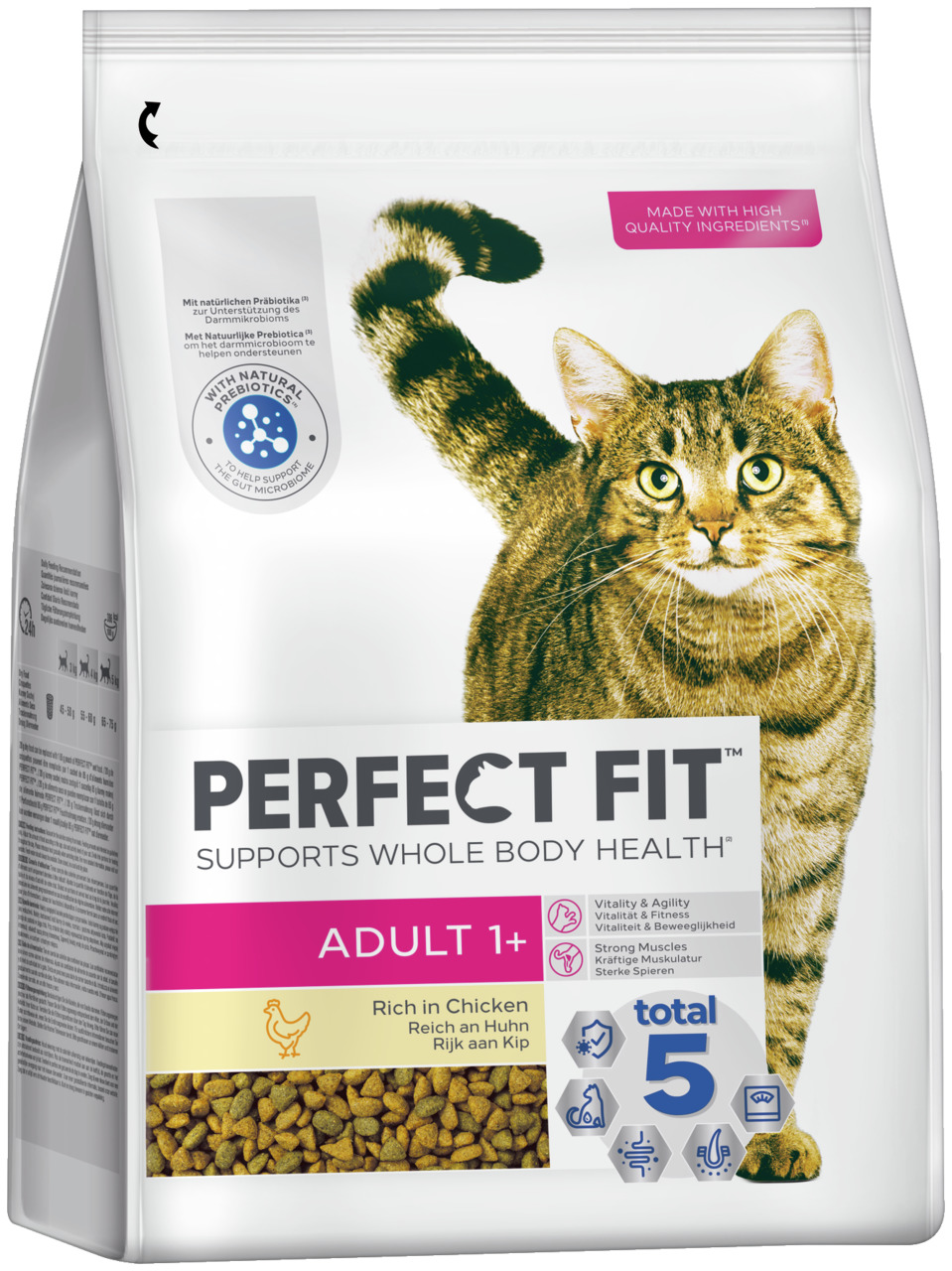 Das Bild zeigt eine Verpackung des Katzenfutters „Perfect Fit Adult 1+“ der Marke Perfect Fit. Es ist speziell für ausgewachsene Katzen ab einem Jahr geeignet. Die Geschmacksrichtung ist Huhn, und die Verpackung hebt die „Total 5“-Formel hervor, die Vital