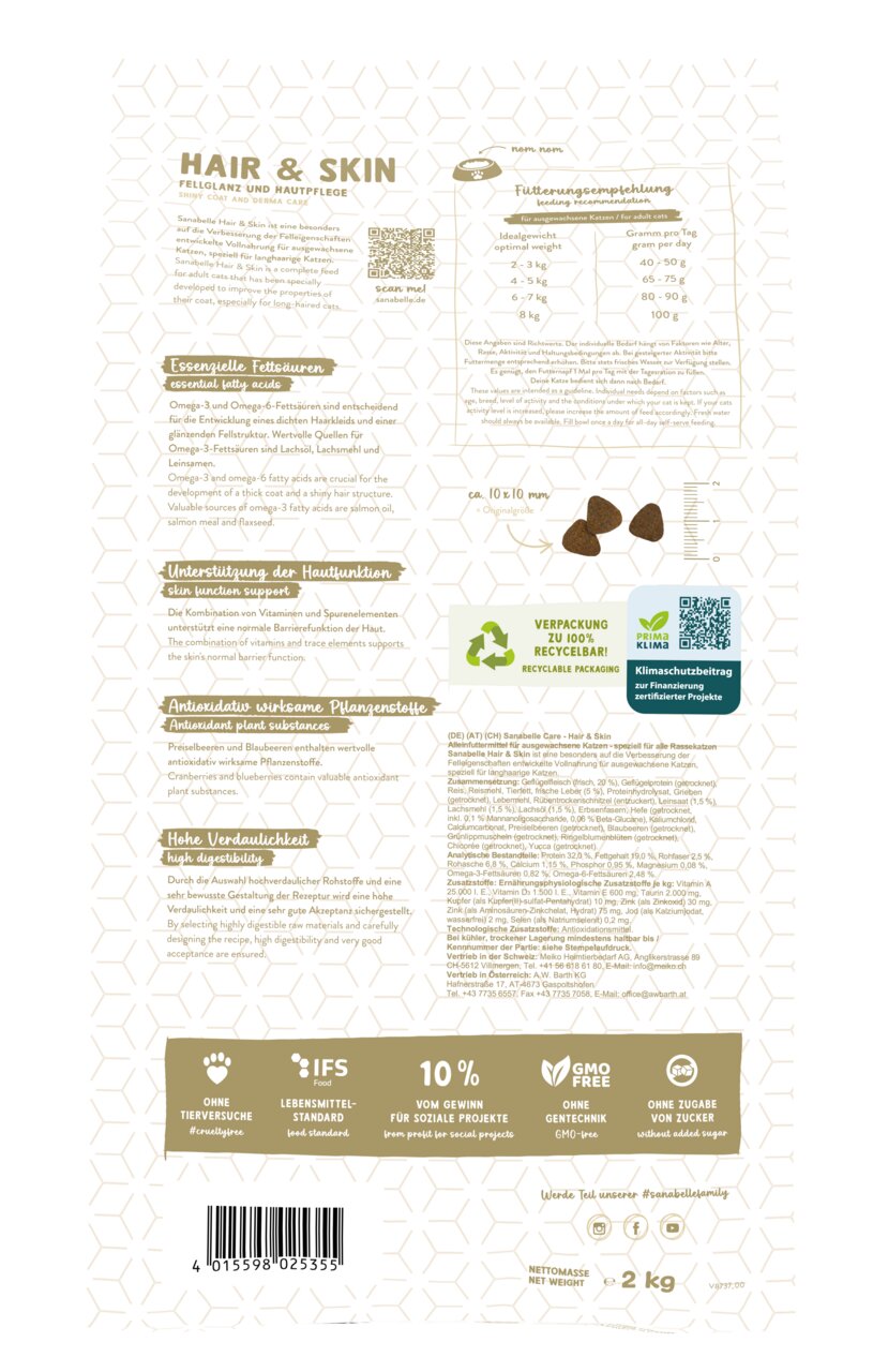 Sanabelle Hair & Skin Katzenfutter, Lachs, 2 kg, für ausgewachsene Katzen, unterstützt Fellglanz & Hautpflege, 100 % recycelbar.