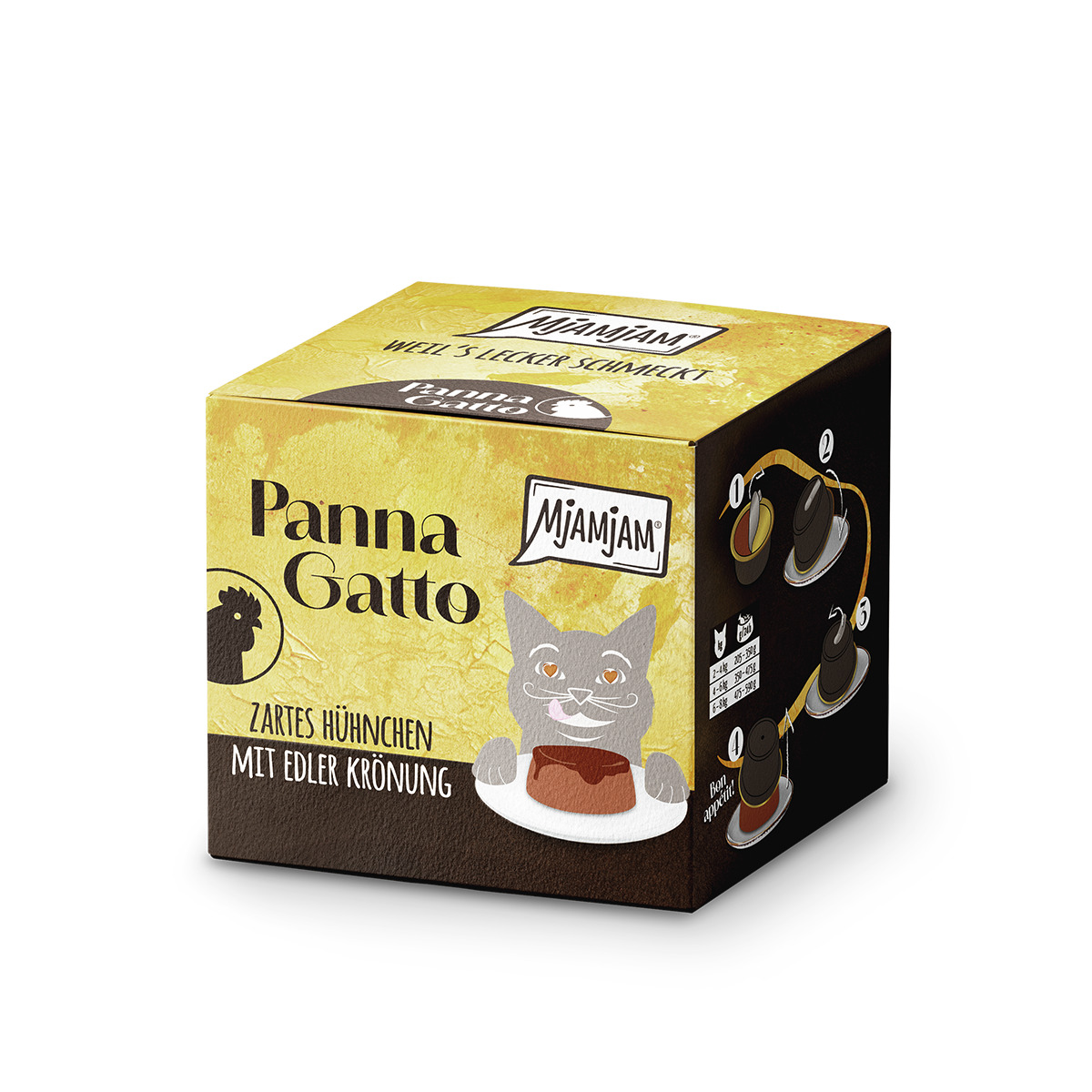 MJAMJAM Panna Gatto Katzenfutter, zartes Hühnchen mit edler Krönung, 85g, für Katzen, Verpackung in Gelb-Braun mit Katzenillustration.