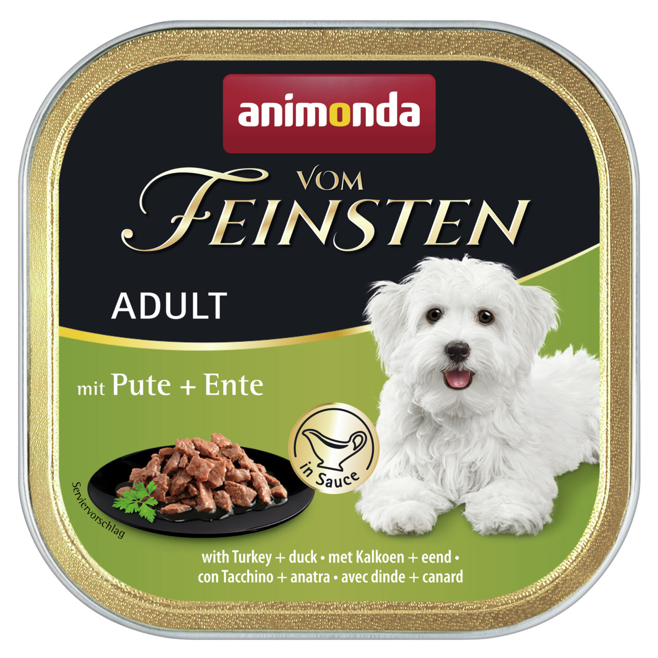 animonda Vom Feinsten Adult, Hundefutter für ausgewachsene Hunde, Pute & Ente in Sauce, 150 g, mit appetitlichem Serviervorschlag.