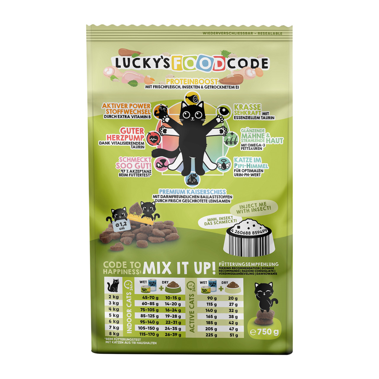 Lucky Lou Lucky's Food Code, Trockenfutter für Haus-/aktive Katzen, Geschmack Insekt, 750 g, Proteinboost: Frischfleisch, Insekten, Ei.