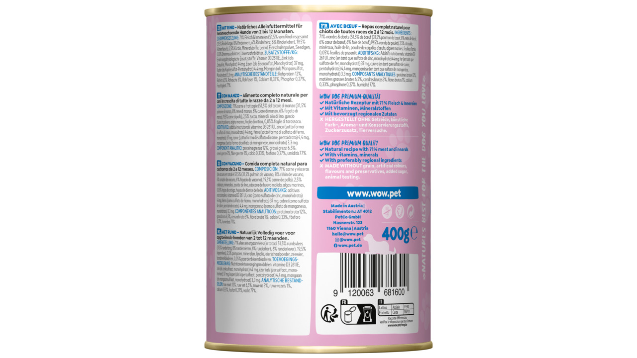 Das Bild zeigt eine 400g-Dose des Hundefutters „WOW DOG“ in Premium-Qualität. Die Marke verspricht ein natürliches Rezept mit 71% Fleisch, Vitaminen und Mineralstoffen, hergestellt ohne Getreide, künstliche Farb-, Aroma- und Konservierungsstoffe. Zielgrup