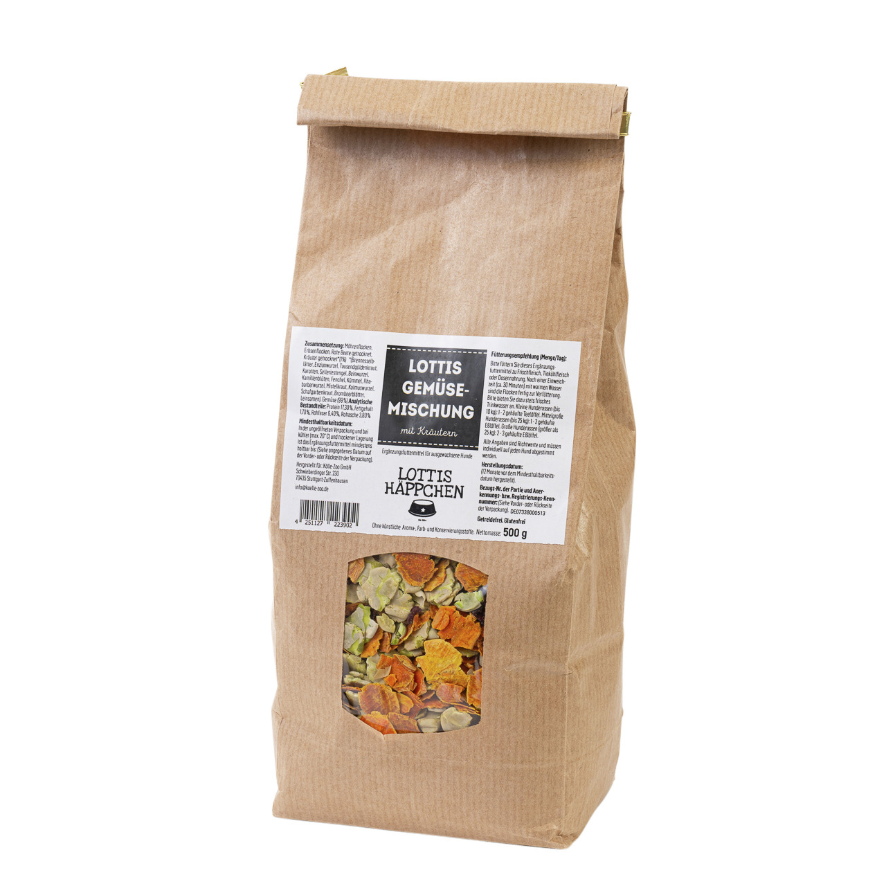 Lottis Häppchen Gemüse-Mischung m. Kräutern, Ergänzungsfuttermittel f. Hunde, 500 g, getr. Gemüse in versch. Farben.