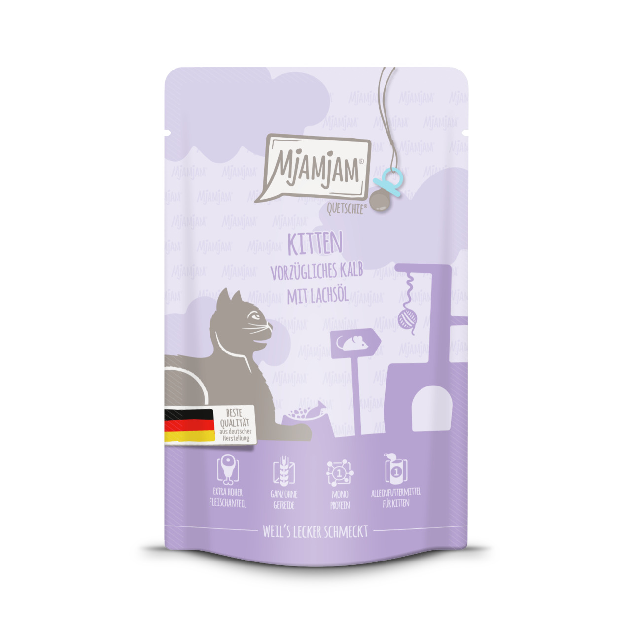 MJAMJAM Quetschie Kitten Kalb+Lachsöl, für Kätzchen, hoher Fleischanteil, getreidefrei, Monoprotein, Alleinfutter, deutsche Herstellung.