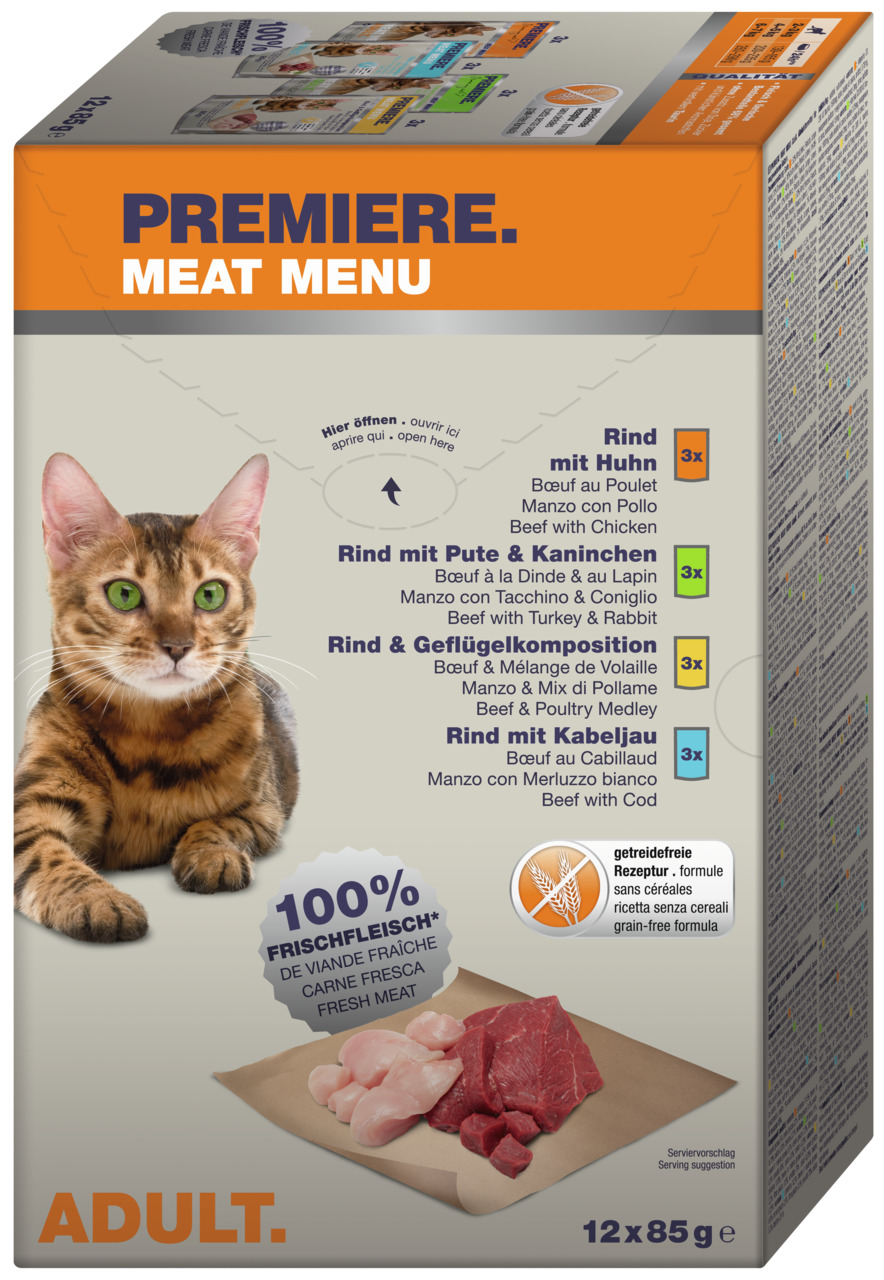 Das Bild zeigt eine Verpackung des Katzenfutters „PREMIERE Meat Menu“ für ausgewachsene Katzen. Enthalten sind 12 Portionsbeutel à 85 g in vier Geschmacksrichtungen: Rind mit Huhn, Rind mit Pute & Kaninchen, Rind & Geflügelkomposition sowie Rind mit Kabel