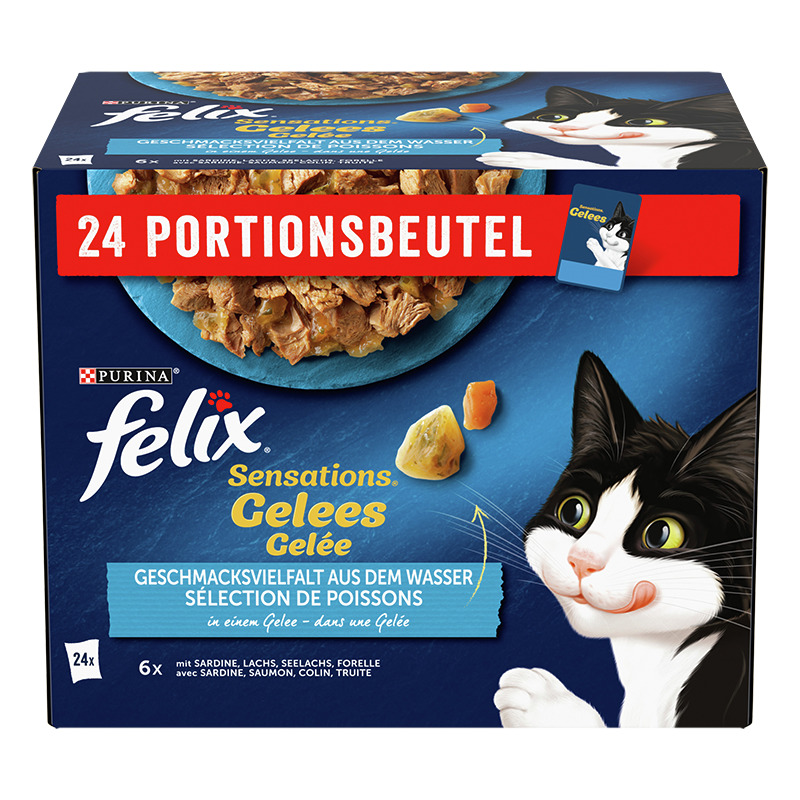 Das Bild zeigt eine Verpackung des Katzenfutters „Purina Felix Sensations Gelees“. Es handelt sich um 24 Portionsbeutel mit einer Geschmacksvielfalt aus dem Wasser, darunter Sardine, Lachs, Seelachs und Forelle in Gelee. Zielgruppe sind Katzen. Die Verpac