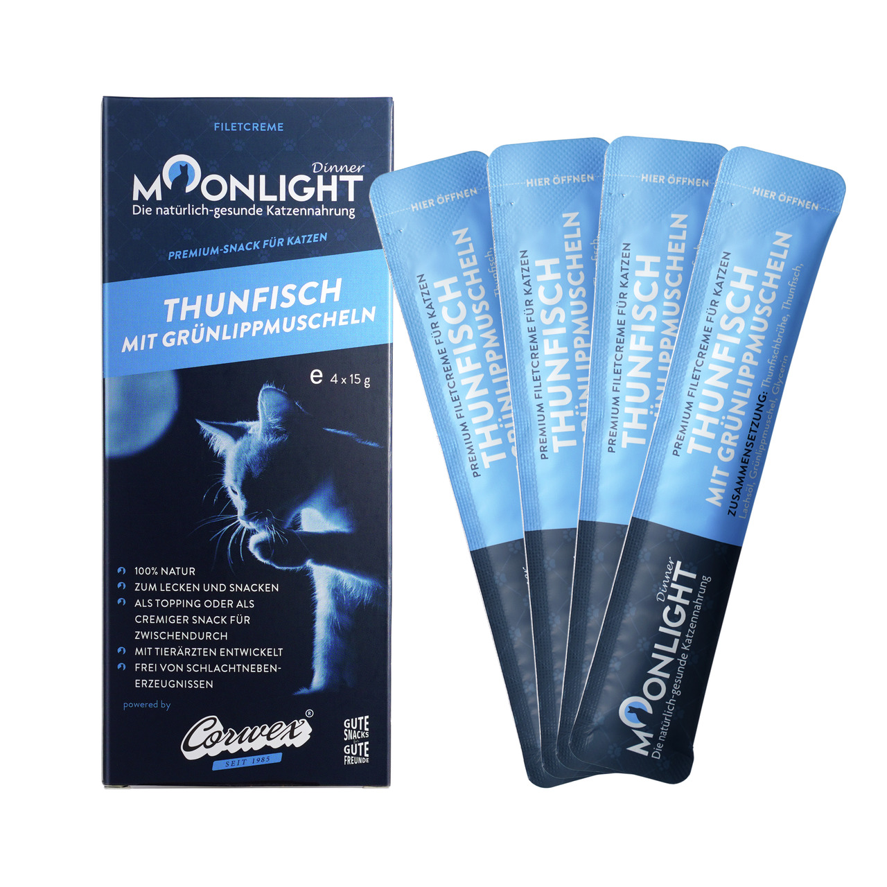 Moonlight Dinner Thunfisch+Grünlippmuscheln, Filetcreme f. Katzen, 100% nat., Premium-Snack, 4x15g, v. Tierärzten entw., ohne Schlachtnebenerz.