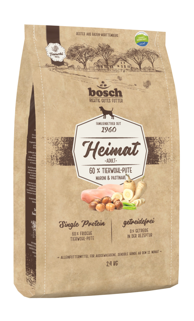 bosch Heimat Adult, 2,4 kg, für Hunde ab 12 Mon., 60 % Tierwohl-Pute, Maroni & Pastinake, getreidefrei, für sensible Hunde.