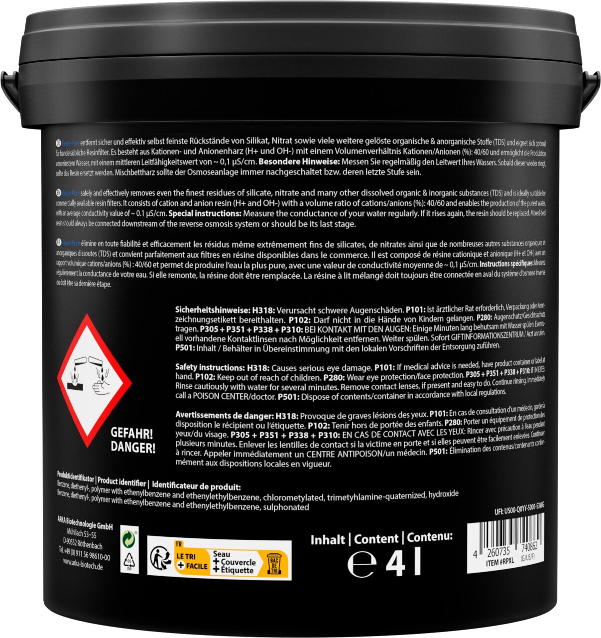 ARKA Mischbettharz für Umkehrosmoseanlagen, für Aquaristik, entfernt Silikat, Nitrat und TDS, Inhalt 4 l.