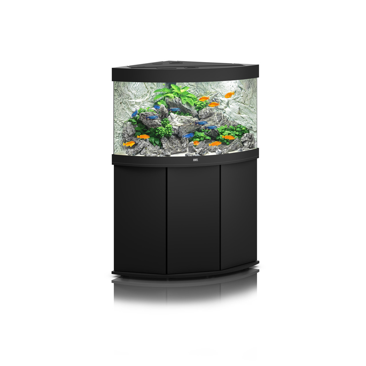 JUWEL Aquarium Trigon 190, Schwarz, 190L, Eck-Aquarium mit gebogener Front, ideal für Süßwasserfische, dekorativ gestaltet.
