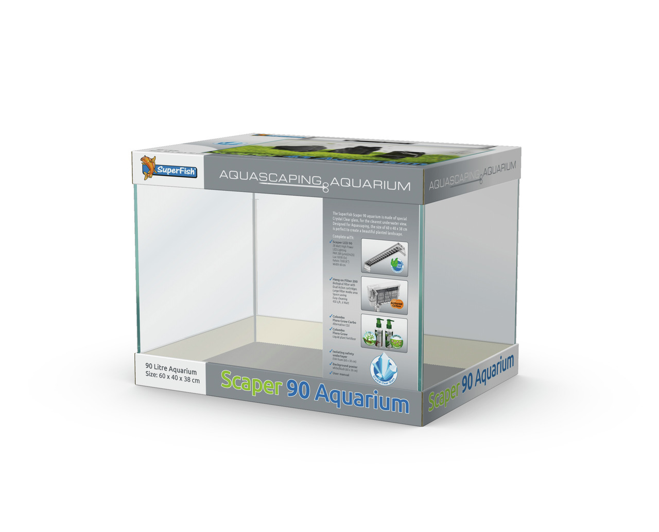 Superfish Scaper 90 Aquarium, 90 L, 60x40x38 cm, kristallklares Glas, modernes Design, ideal für Aquascaping & Aquaristik-Fans.