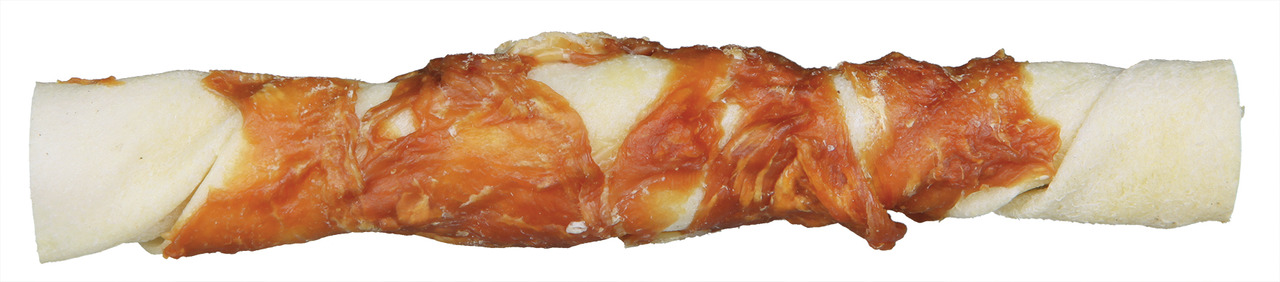 Das Bild zeigt einen Kauknochen der Marke TRIXIE, speziell für Hunde. Der Kauknochen ist mit getrocknetem Hähnchenfleisch umwickelt, was eine schmackhafte Geschmacksrichtung für Hunde bietet. Er dient als Snack zur Zahnpflege und Beschäftigung. Die Menge 