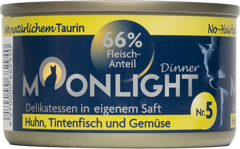 Sparpaket 24 x 80 g Moonlight Dinner Nr. 5 Huhn, Thunfisch und Gemüse in eigenem Saft Katzen Nassfutter