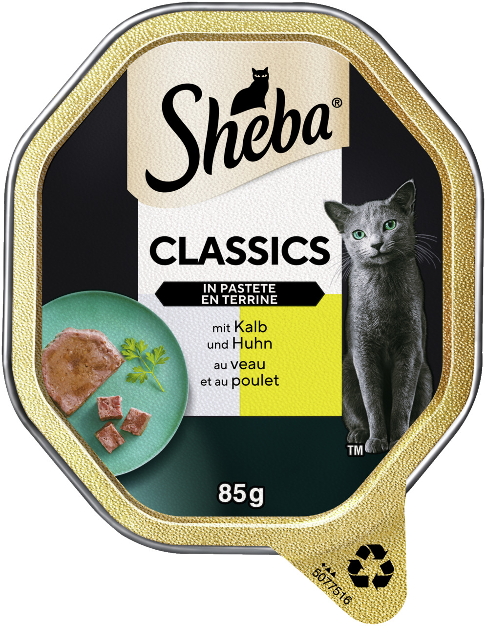Sheba Classics in Pastete, Katzenfutter, Kalb & Huhn, 85 g, elegantes Design, graue Katze, gr. Teller, zart & köstlich.