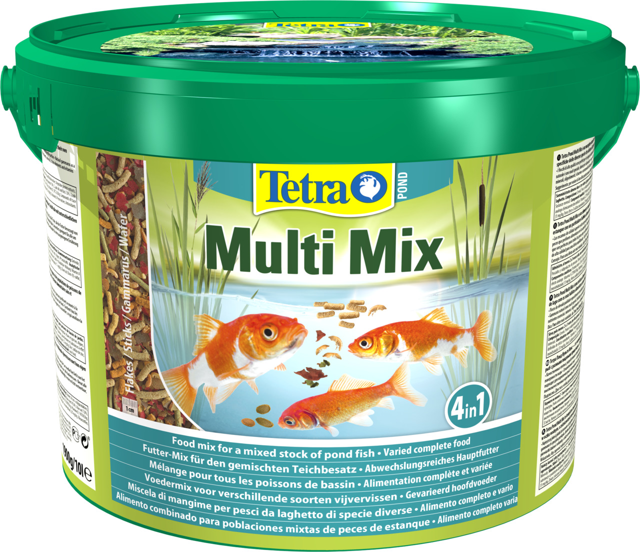 Tetra Pond Multi Mix, Hauptfutter für Teichfische, 4-in-1-Kombi: Flocken, Sticks, Gammarus, Wafer, 10 L, für gemischte Fischbestände.