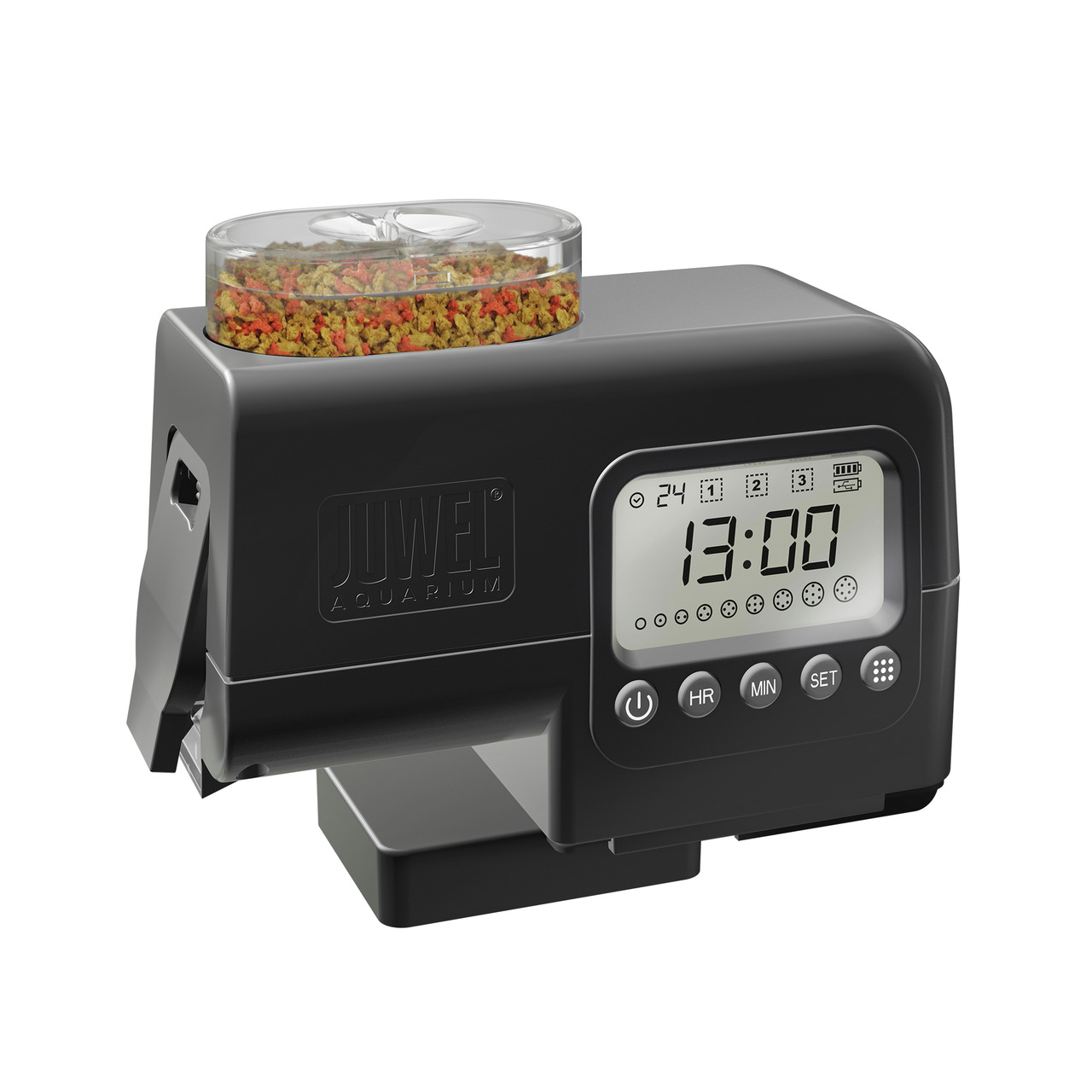 Automatischer Futterautomat von JUWEL für Aquarien, geeignet für Fischliebhaber und Aquarienbesitzer. Das Gerät verfügt über ein modernes LCD-Display zur Programmierung von Fütterungszeiten und eine transparente Futterkammer, die mit Fischfutter gefüllt i