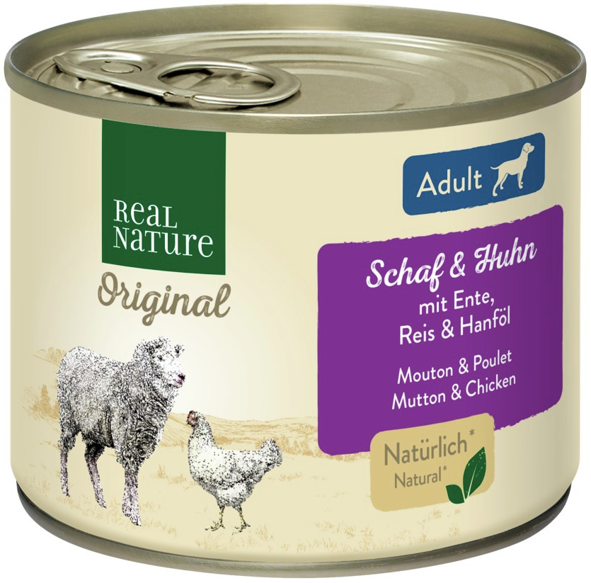 Real Nature Original Hundefutter Adult, Schaf & Huhn mit Ente, Reis, Hanföl, 400 g – natürliche Zutaten für ausgewachsene Hunde.