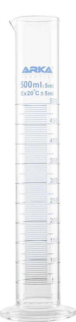 ARKA Aquatics Messzylinder, 500 ml, Skala 5-500 ml (±5 ml bei 20 °C), mit Ausgusstülle, stabiler runder Fuß.