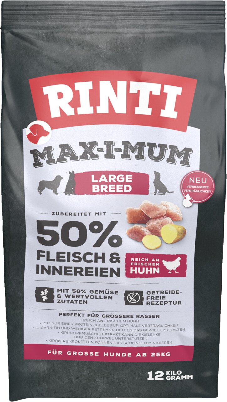 RINTI Maxi-Mum Hundefutter für große Hunde ab 25 kg, Geschmack: Huhn, getreidefrei, 50 % Fleisch, Innereien, 12 kg Verpackung.