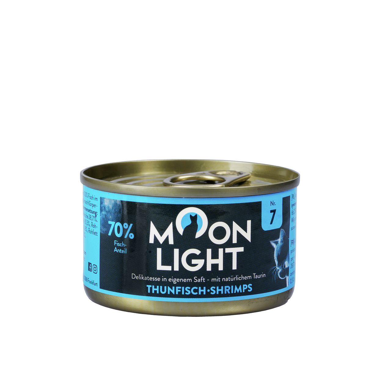 Moonlight Dinner Katzenfutter Thunfisch-Shrimps, 70 % Fisch, Delikatesse m. Taurin, 7, 70 g, für Katzen, blau-gold, Katzenmotiv.
